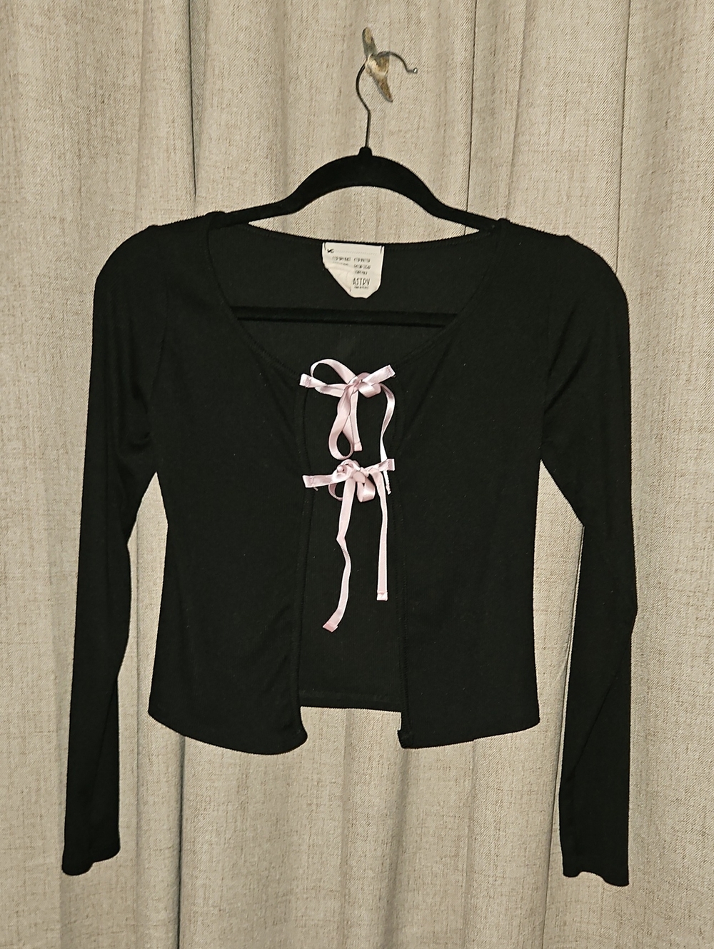 Black Women's Long Sleeve Cardigan with Pink Ribbon Bow Ties - Picture 1 of 4